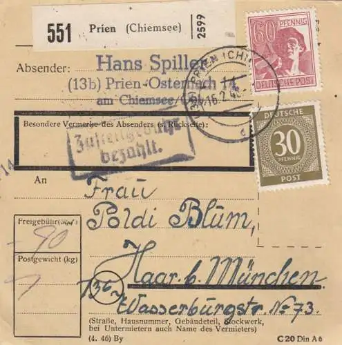 Paketkarte 1948: Prien (Chiemsee) nach Haar b. München