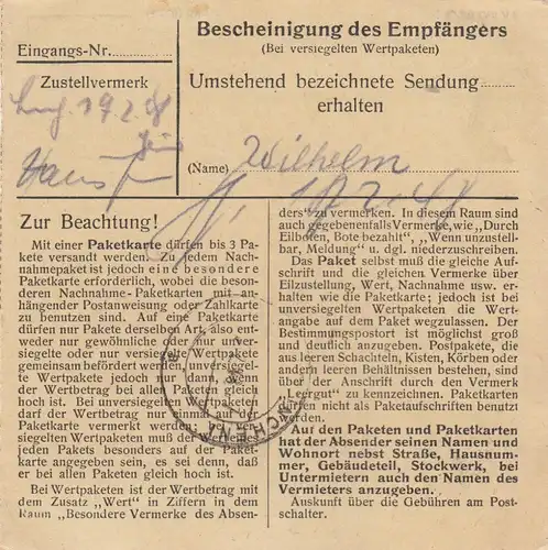 Carte de paquet 1948: Prien (Chiemsee) par Haar b. Munich