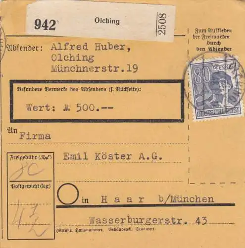 Paketkarte 1948: Olching nach Haar bei München, Wert-Paketkarte