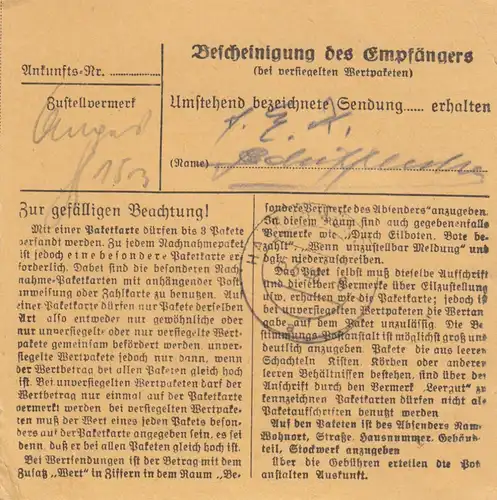 Carte de paquet 1948: Olching après Haar près de Munich, carte de valeur