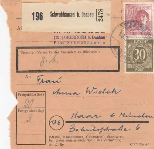 Paketkarte 1948: Schwabhausen nach Haar b. München