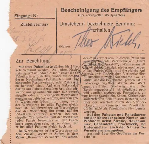 Carte de paquet 1948: Schwabhausen vers Haar b. Munich