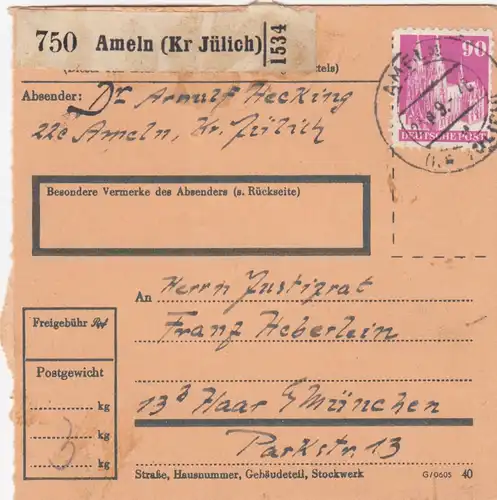 Carte de paquet BiZone 1949: Ameln après Haar Munich