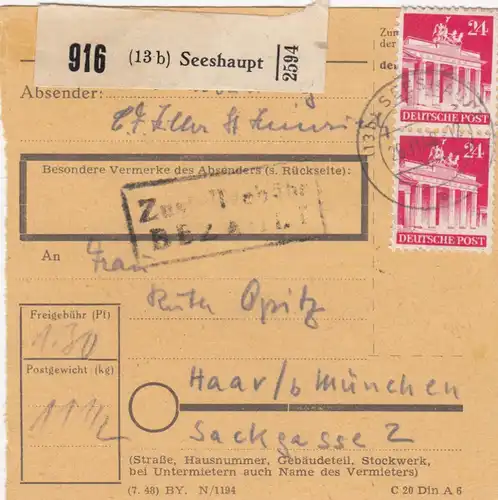 BiZone Paketkarte 1948: Seeshaupt nach Haar b. München