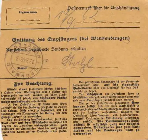 BiZone Paketkarte 1948: Welzheim nach Grünwald-München