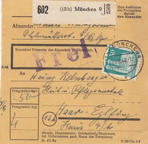 BiZone Paketkarte 1948: München 9 nach Haar, Heil- u. Pflegeanstalt