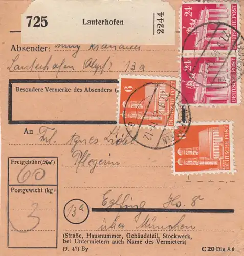 BiZone Paketkarte 1948: Lauterhofen nach Eglfing, Pflegeheim