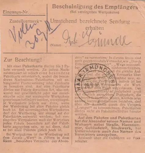 Carte de paquet BiZone 1948: Lauterhofen après Eglfing, Hôpital