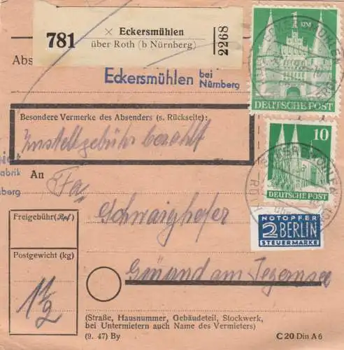 Carte de paquet BiZone 1948: Eckersmühlen à Gmund am Tegernsee