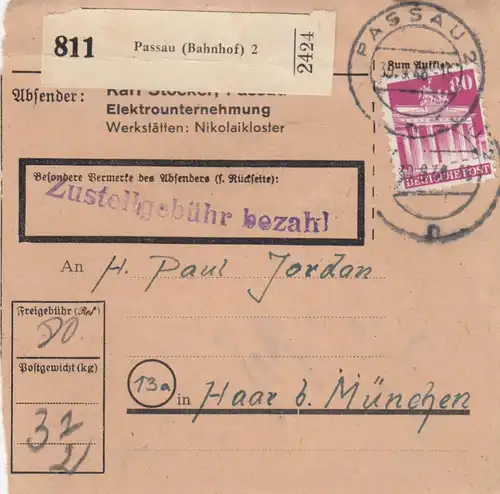 BiZone Paketkarte 1948: Passau (Bahnhof) 2 nach Haar b. München