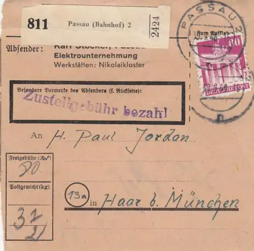 BiZone Paketkarte 1948: Passau (Bahnhof) 2 nach Haar b. München