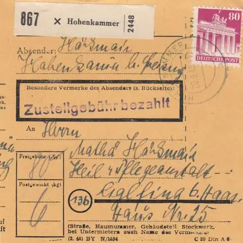 BiZone Paketkarte 1948: Hohenkammer nach Eglfing, Heil- und Pflegeanstalt