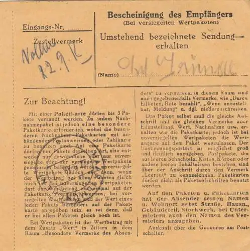 BiZone Paketkarte 1948: Hohenkammer nach Eglfing, Heil- und Pflegeanstalt