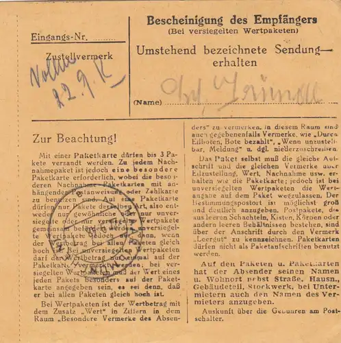 Carte de paquet BiZone 1948: Chambre haute après Eglfing, centre de soins et de santé