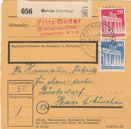 BiZone Paketkarte 1948: Murnau nach Haar b. München, Bürobedarf