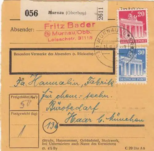 Carte de paquet BiZone 1948: Murnau selon les cheveux b. Munich, fournitures de bureau