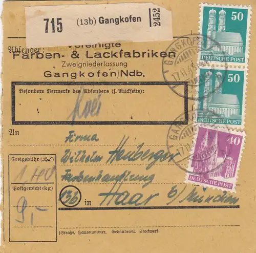 BiZone Paketkarte 1948: Gangkofen nach Haar bei München