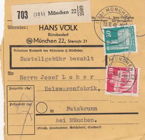 Carte de paquet BiZone 1948: Munich 22 selon Putzbrunn, carte auto-réservation avec valeur