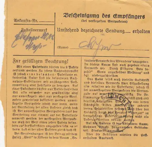 Carte de paquet BiZone 1948: Munich 22 selon Putzbrunn, carte auto-réservation avec valeur