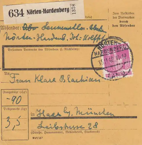 Carte de paquet BiZone 1948: Nörten-Hardenberg après Haar près de Munich