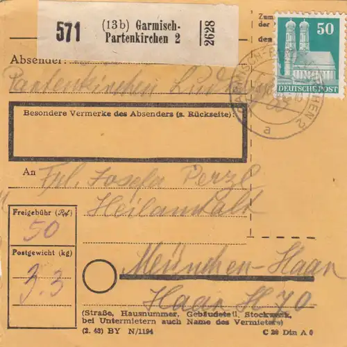 Carte de paquet BiZone 1948: Garmisch-Patenkirchen vers Munich-Haar