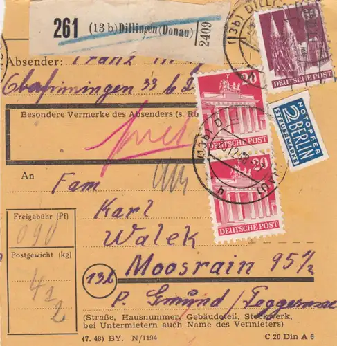 Carte de paquet BiZone 1948: Dillingen après Moosrain