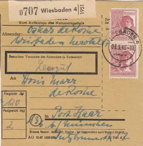 Carte de paquet 1948: Wiesbaden par Post Haar b. Munich
