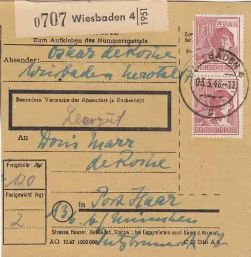 Paketkarte 1948: Wiesbaden nach Post Haar b. München