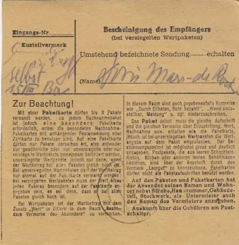 Carte de paquet 1948: Wiesbaden par Post Haar b. Munich