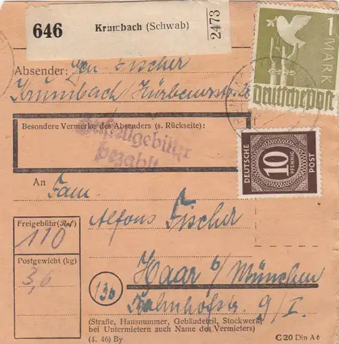 Paketkarte: Krumbach nach Haar b. München