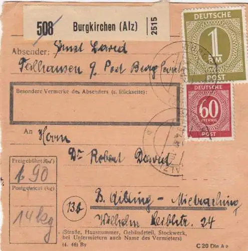 Carte de paquet 1947: Burgkirchen d'après B. Aibling