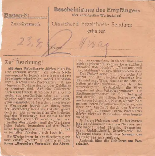 Carte de paquet 1947: Burgkirchen d'après B. Aibling