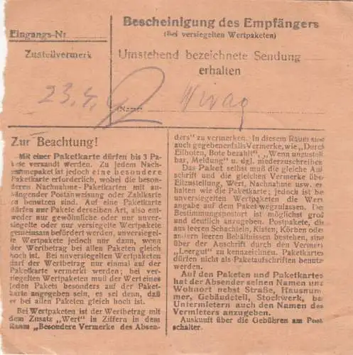 Paketkarte 1947: Burgkirchen nach B. Aibling