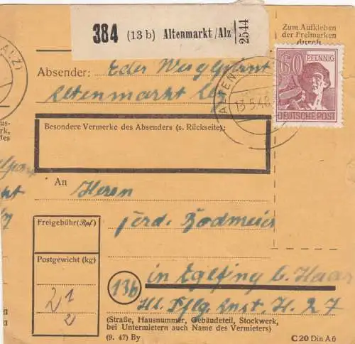 Paketkarte 1948: Altenmarkt nach Eglfing