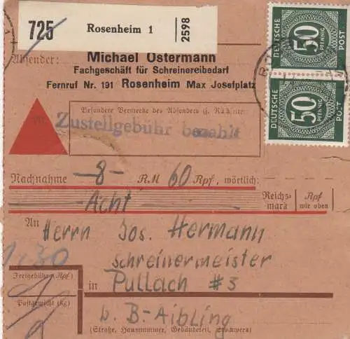 Paketkarte: Rosenheim nach Pullach, Selbstbucherkarte, Nachnahme