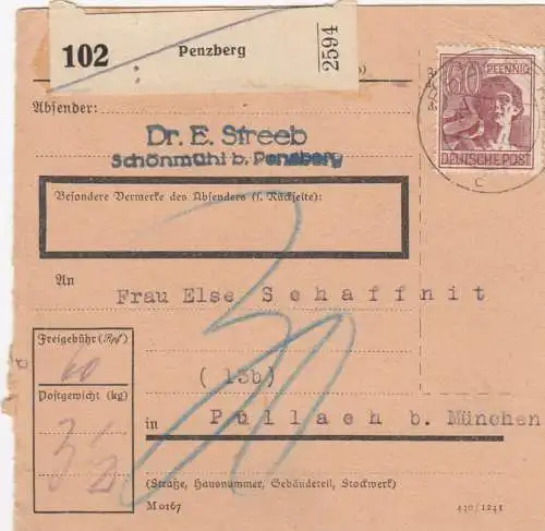 Carte forfait 1948: Penzberg vers Pullach, frais supplémentaires