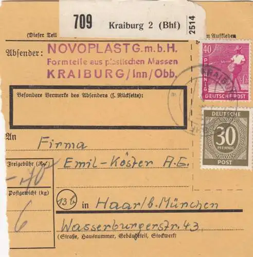 Paketkarte 1948: Kraiburg nach Haar b. München