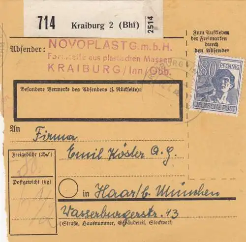 Carte de paquet 1948: Kraiburg vers Munich Haar