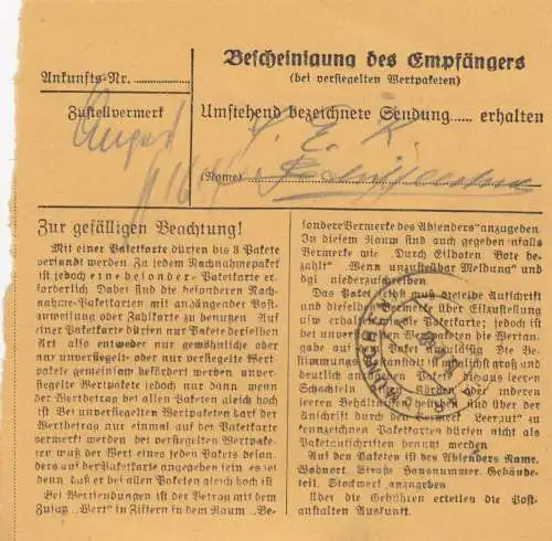 Paketkarte 1948: Kraiburg nach München Haar