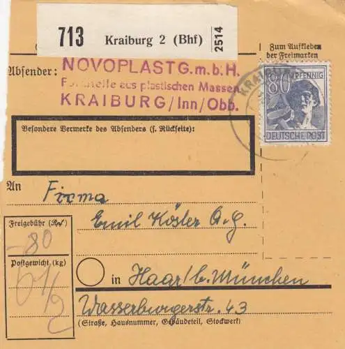Paketkarte 1948: Kraiburg, Novoplast, nach München Haar
