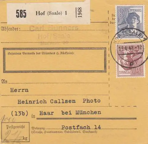 Carte de paquet 1948: Hof (Saale) après Haar bei Munich