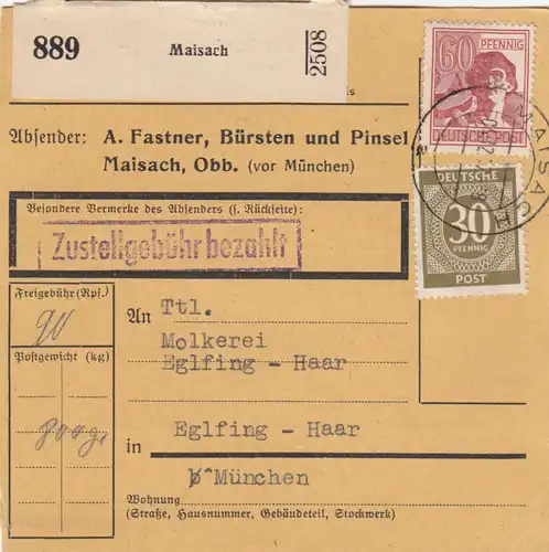 Paketkarte 1947: Maisach nach Eglfing, Selbstbucherkarte mit Wert