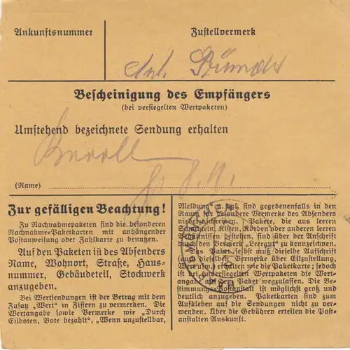 Carte de paquet 1947: Maisach d'après Eglfing, carte auto-réservation avec valeur