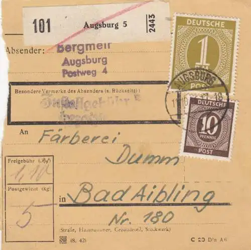 Carte de voyage 1946: Augsbourg vers Bad Aibling