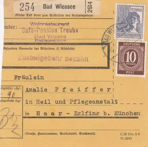 Paketkarte 1948: Bad Wiessee nach Haar, Heil- und Pflegeanstalt