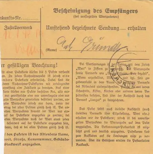 Paketkarte 1948: Bad Wiessee nach Haar, Heil- und Pflegeanstalt