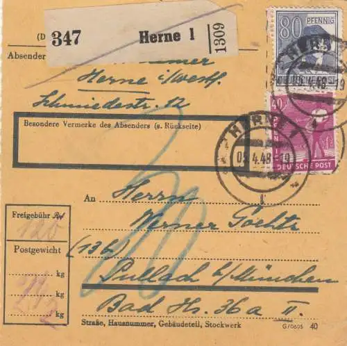 Paketkarte 1948: Herne nach Pullach, Nachgebühr