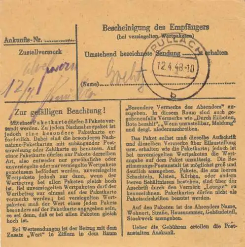 Paketkarte 1948: Herne nach Pullach, Nachgebühr