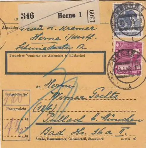 Carte forfait 1948: Herne 1 vers Pullach à Munich, frais supplémentaires