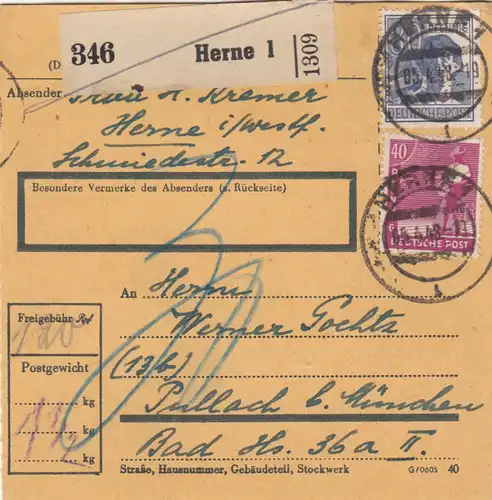 Paketkarte 1948: Herne 1 nach Pullach bei München, Nachgebühr